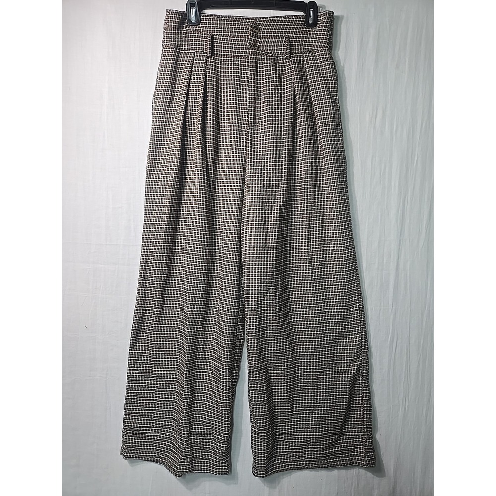 Cider Women's Large Brown Plaid Wide Leg High Waisted Pants Pleats‎ Belt Loops